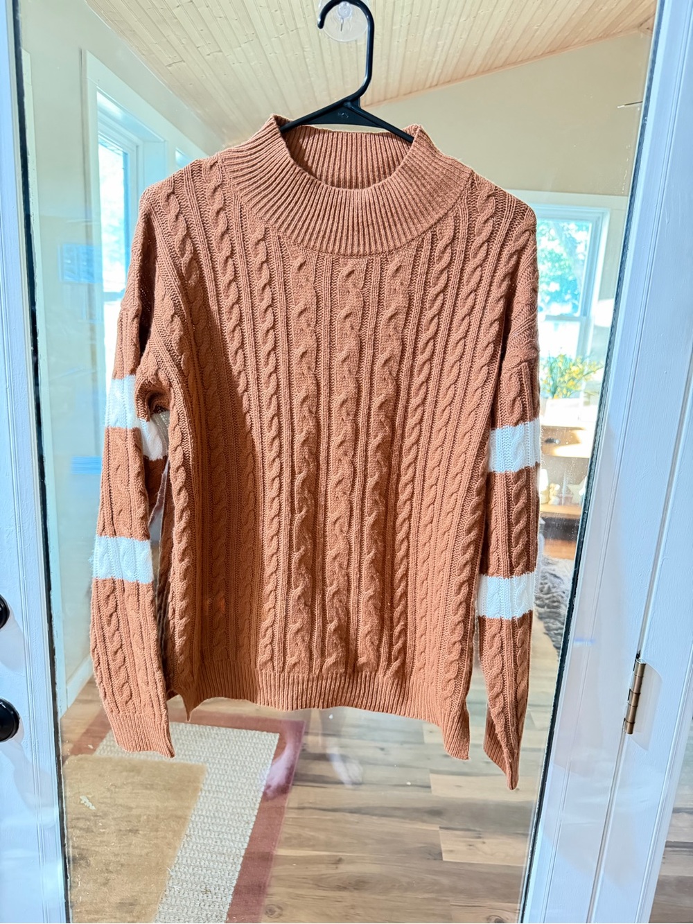 bohme Rust Cable-Knit Turtleneck Sweater with White Sleeve Stripes. Sz Large